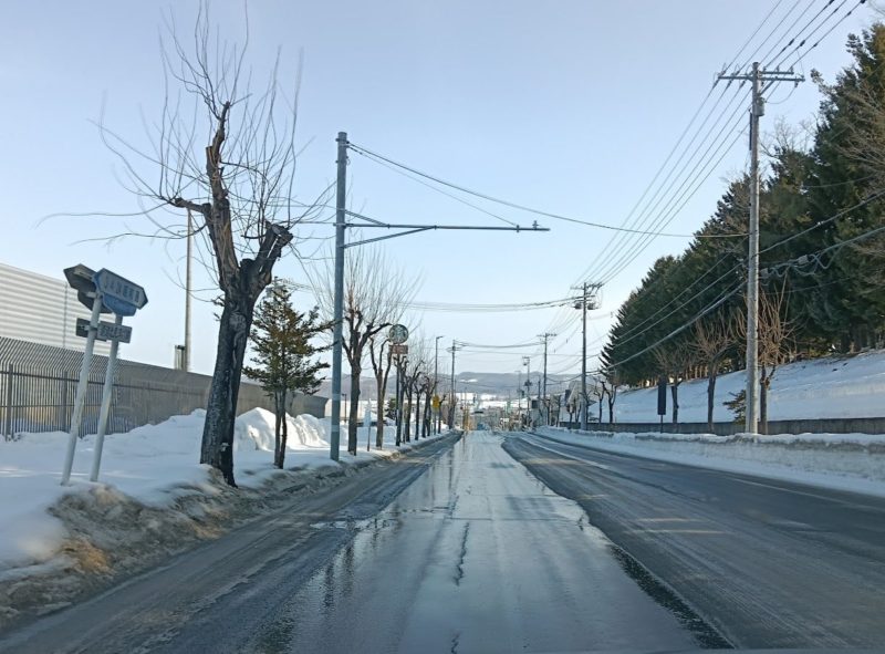 雪が溶けた北見工大付近の道路の画像です