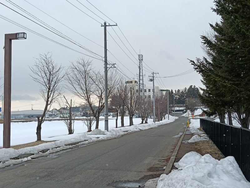 雪の降るカーリングホール付近の画像です